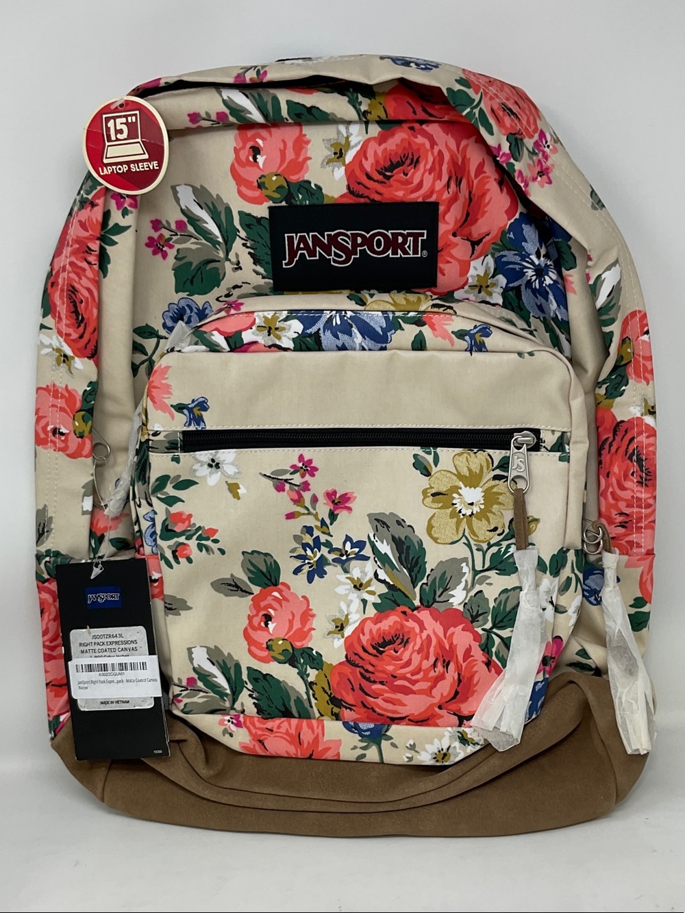 Jansport Cream Floral Backpack with Coral, Green & Blue Accents
